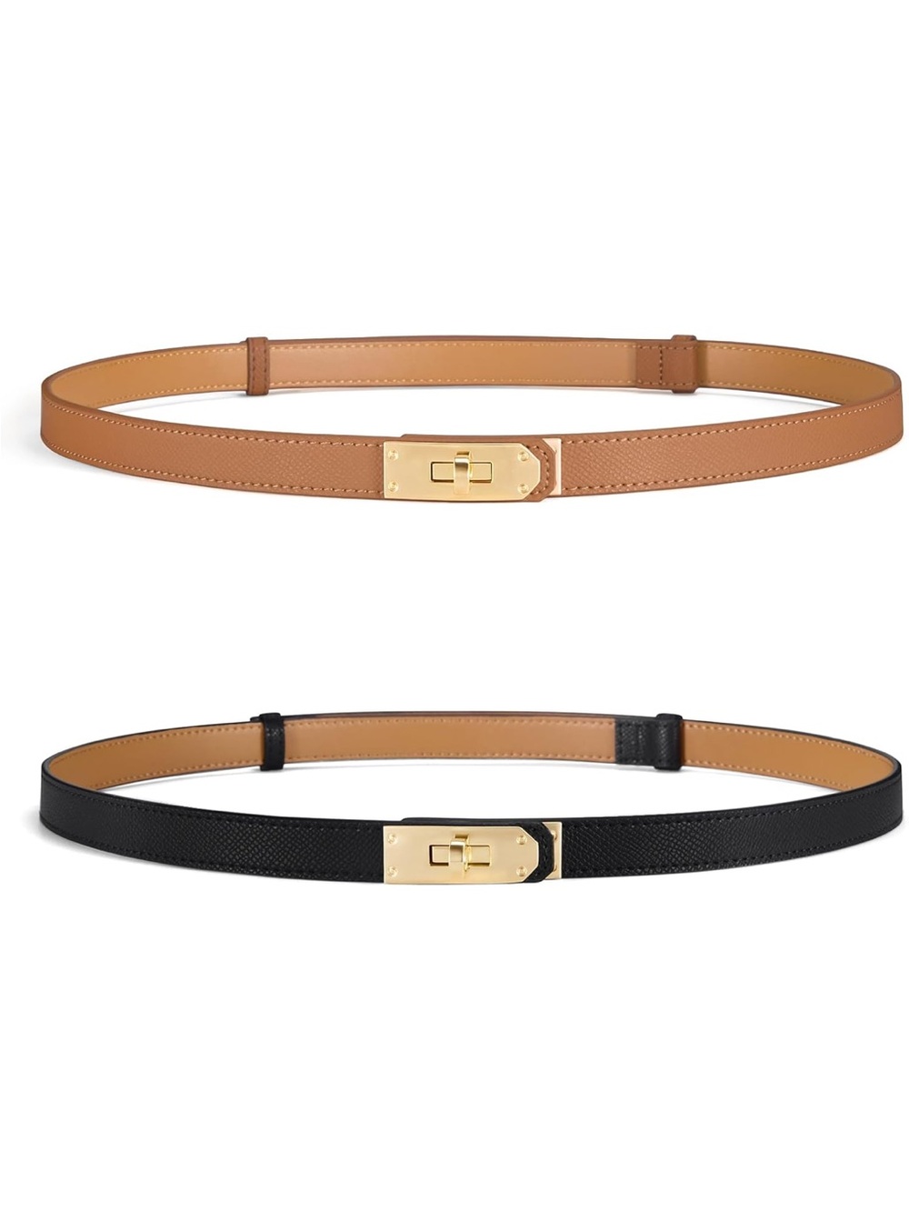 Women’s Slim Leather Belt with Gold Turn-Lock Closure — Black & Tan